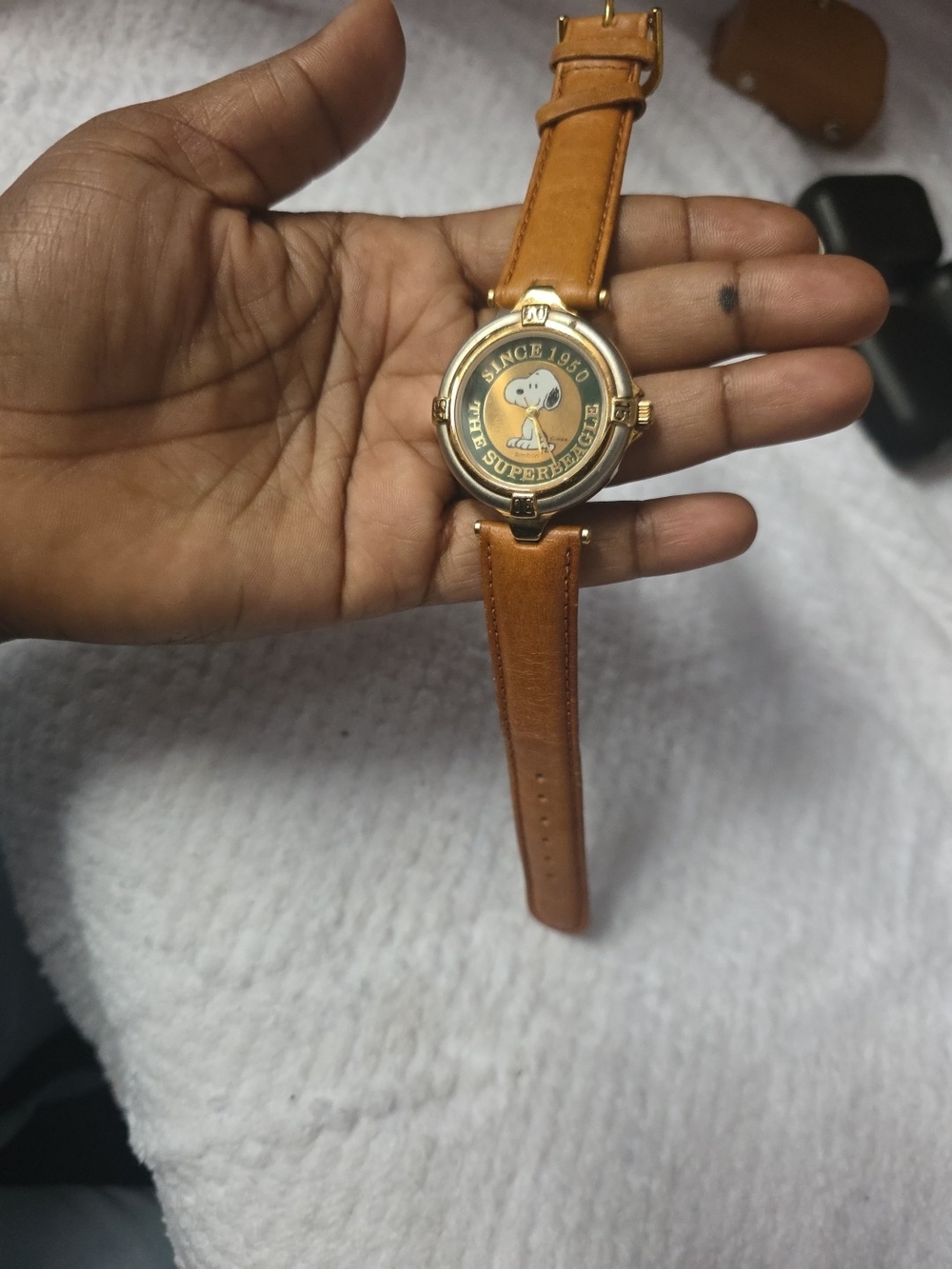 Women's Tan Leather Strap Watch with Gold-Tone Case and Character Dial